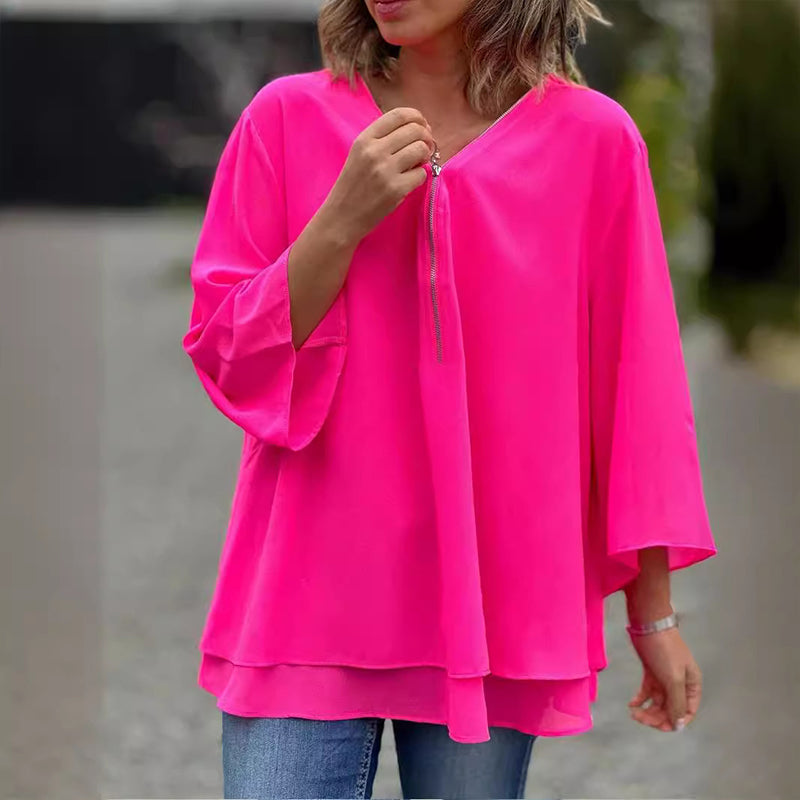 Eloise - Flowy Half Zipper Sleeve Blouse