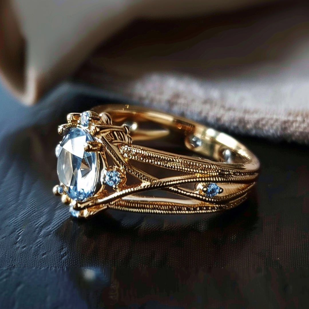 Gold-Plated Ring with Blue Glass Inlay