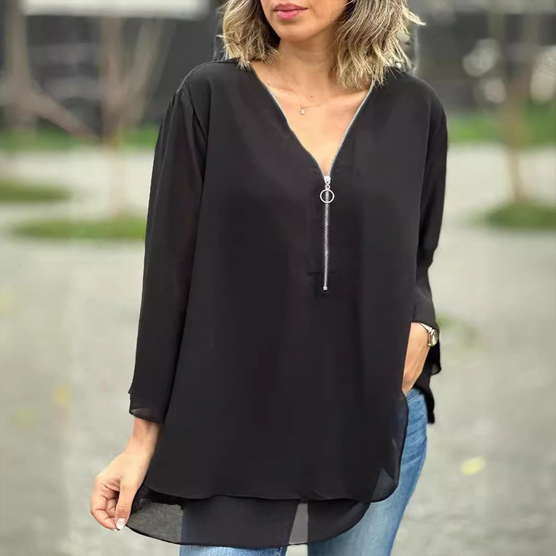 Eloise - Flowy Half Zipper Sleeve Blouse