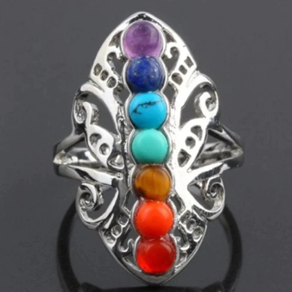 Adjustable Boho Ring with Natural Stones in Silver