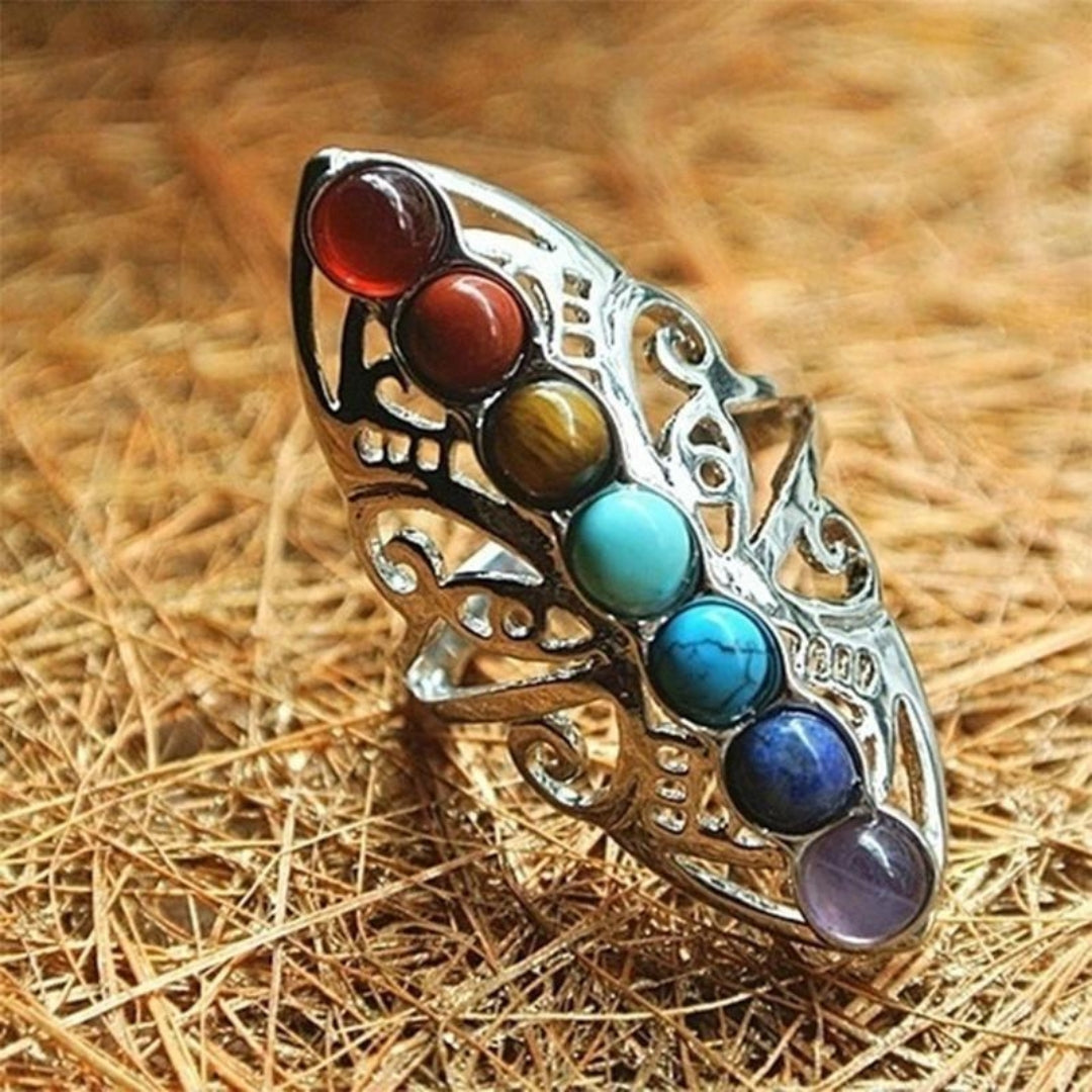 Adjustable Boho Ring with Natural Stones in Silver