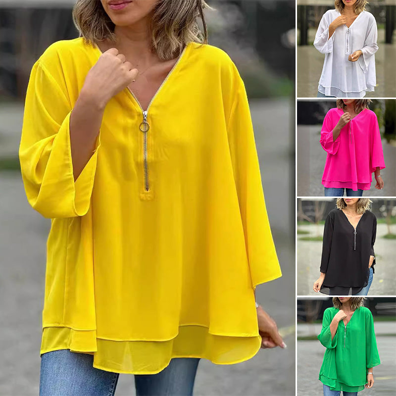 Eloise - Flowy Half Zipper Sleeve Blouse