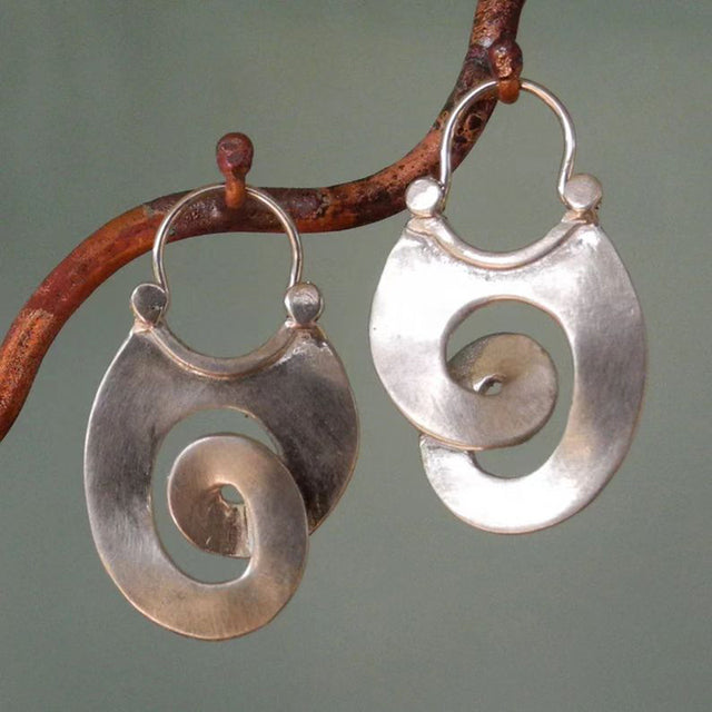 Boho Earrings with Thick Silver Spiral