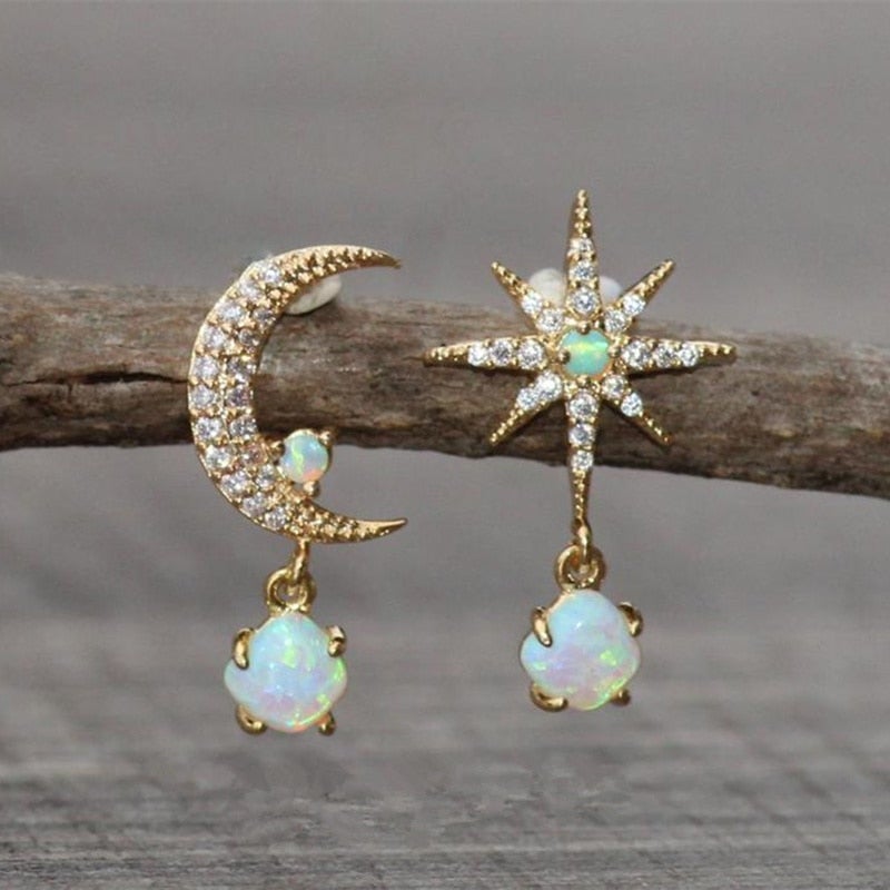 Opal and Gold Earrings Moon and Star