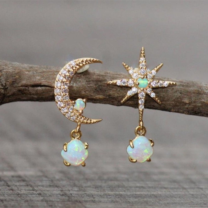 Opal and Gold Earrings Moon and Star